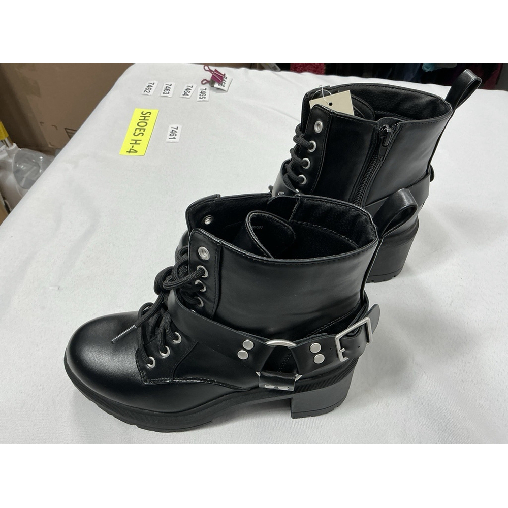 Womans NWT NOBO Ankle Moto Boots Size 7 W Black Chunky Heel Lace Up Side Zip